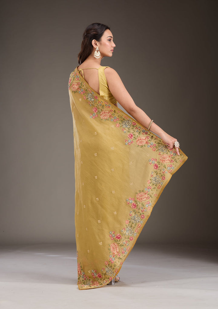 Mustard Threadwork Tissue Saree-Koskii