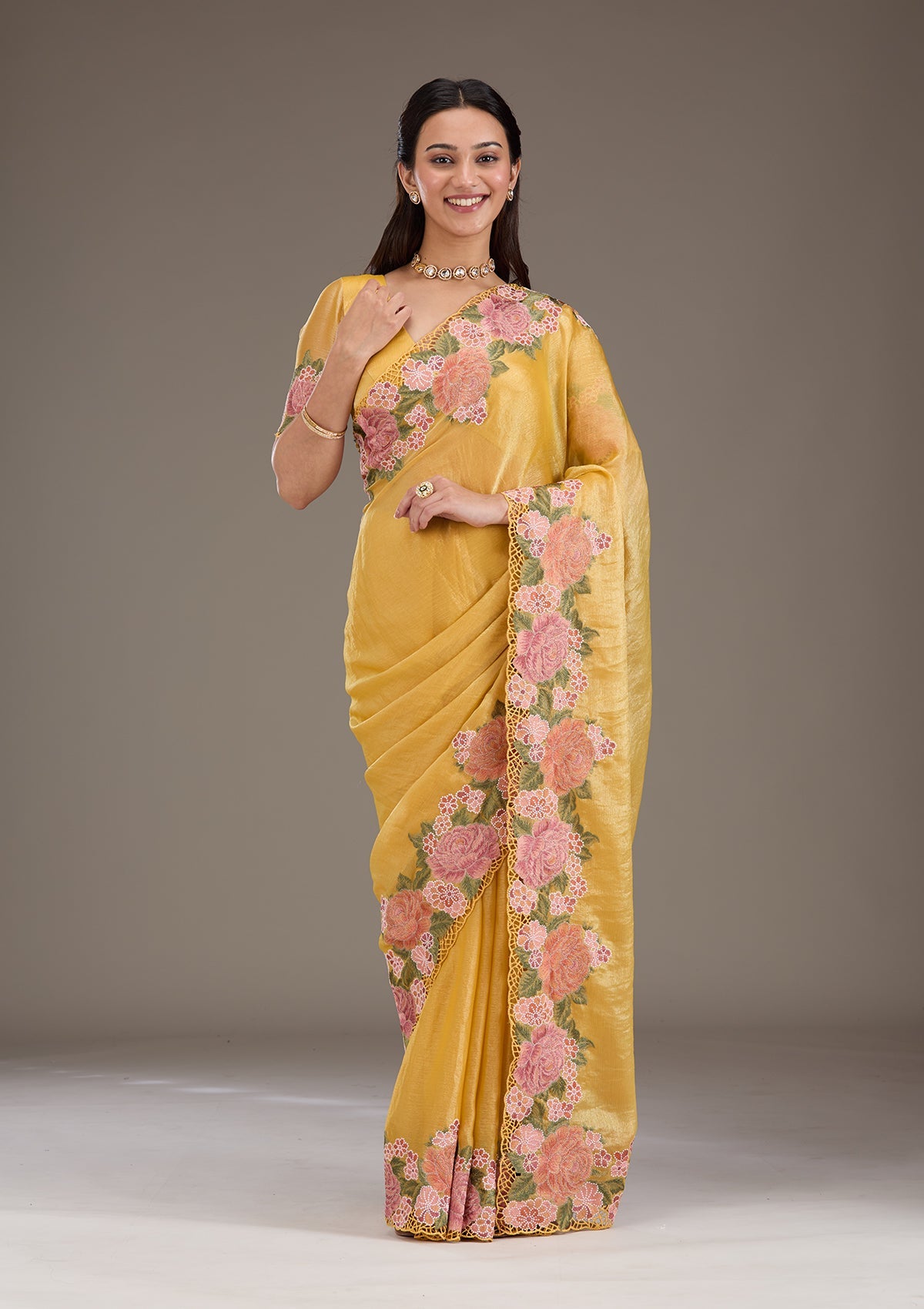 Mustard Threadwork Tissue Saree-Koskii