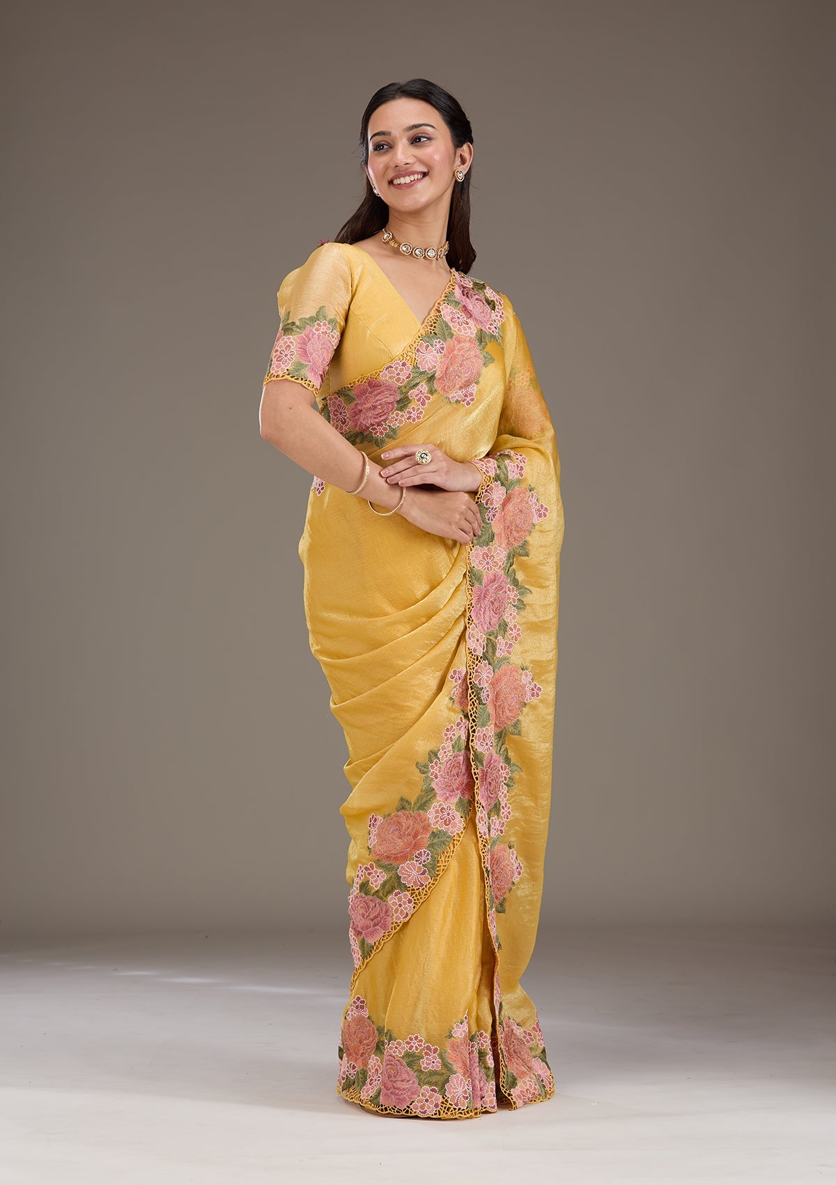 Mustard Threadwork Tissue Saree-Koskii