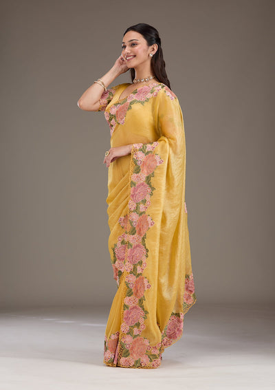 Mustard Threadwork Tissue Saree-Koskii