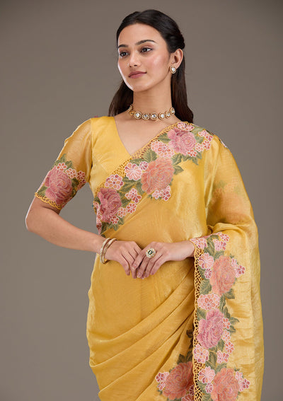 Mustard Threadwork Tissue Saree-Koskii