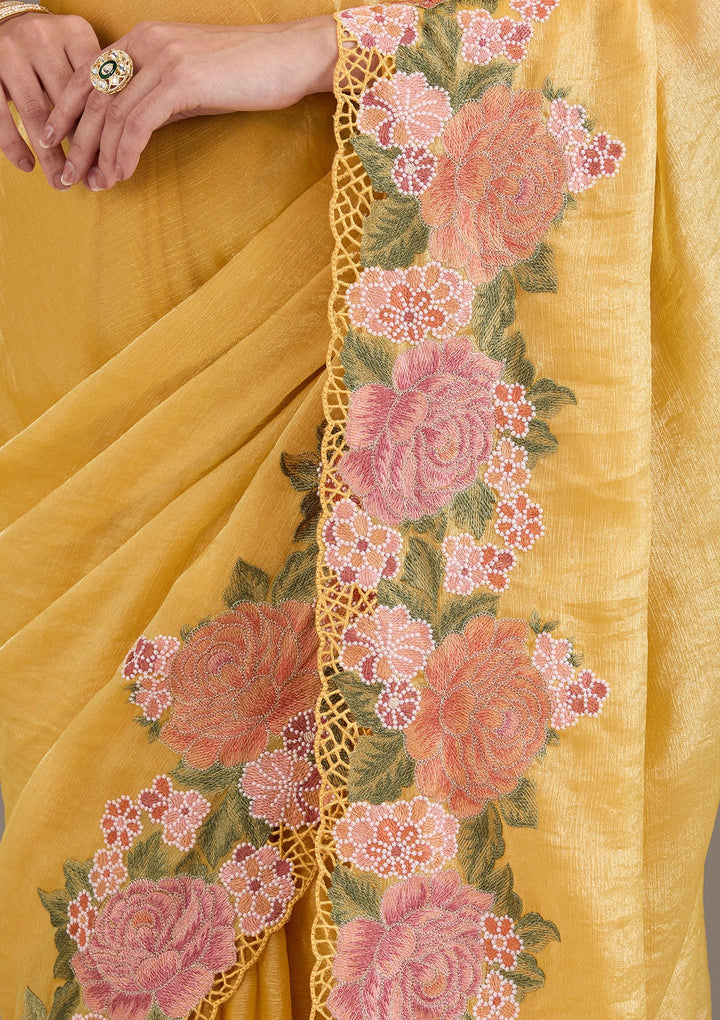 Mustard Threadwork Tissue Saree-Koskii