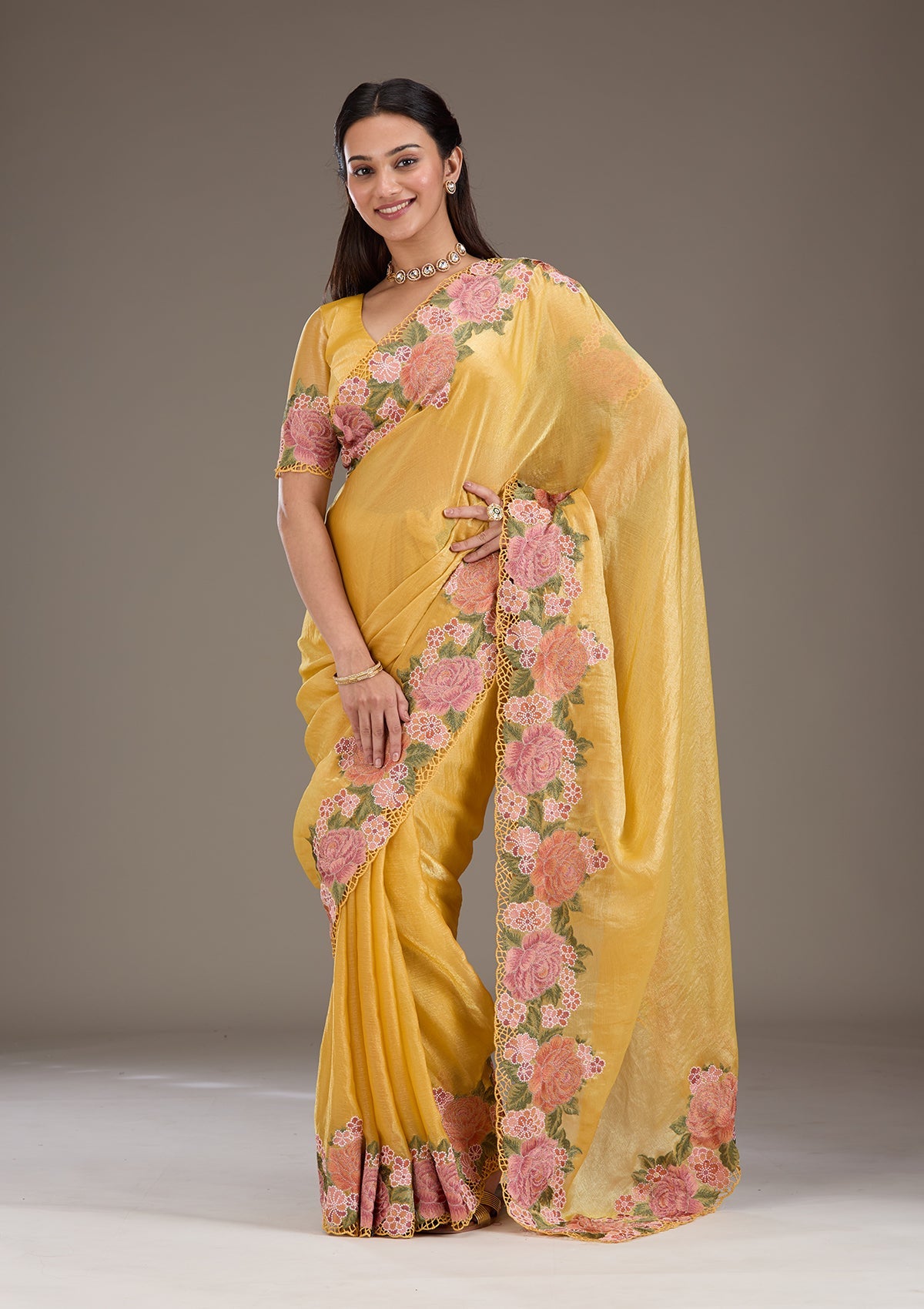 Mustard Threadwork Tissue Saree-Koskii