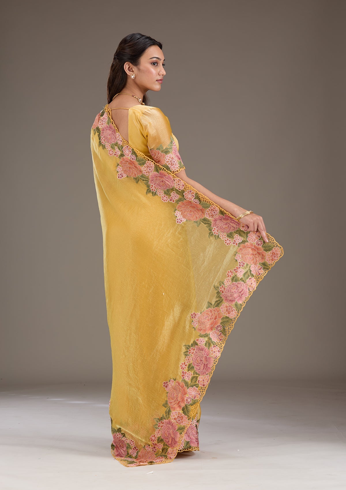 Mustard Threadwork Tissue Saree-Koskii