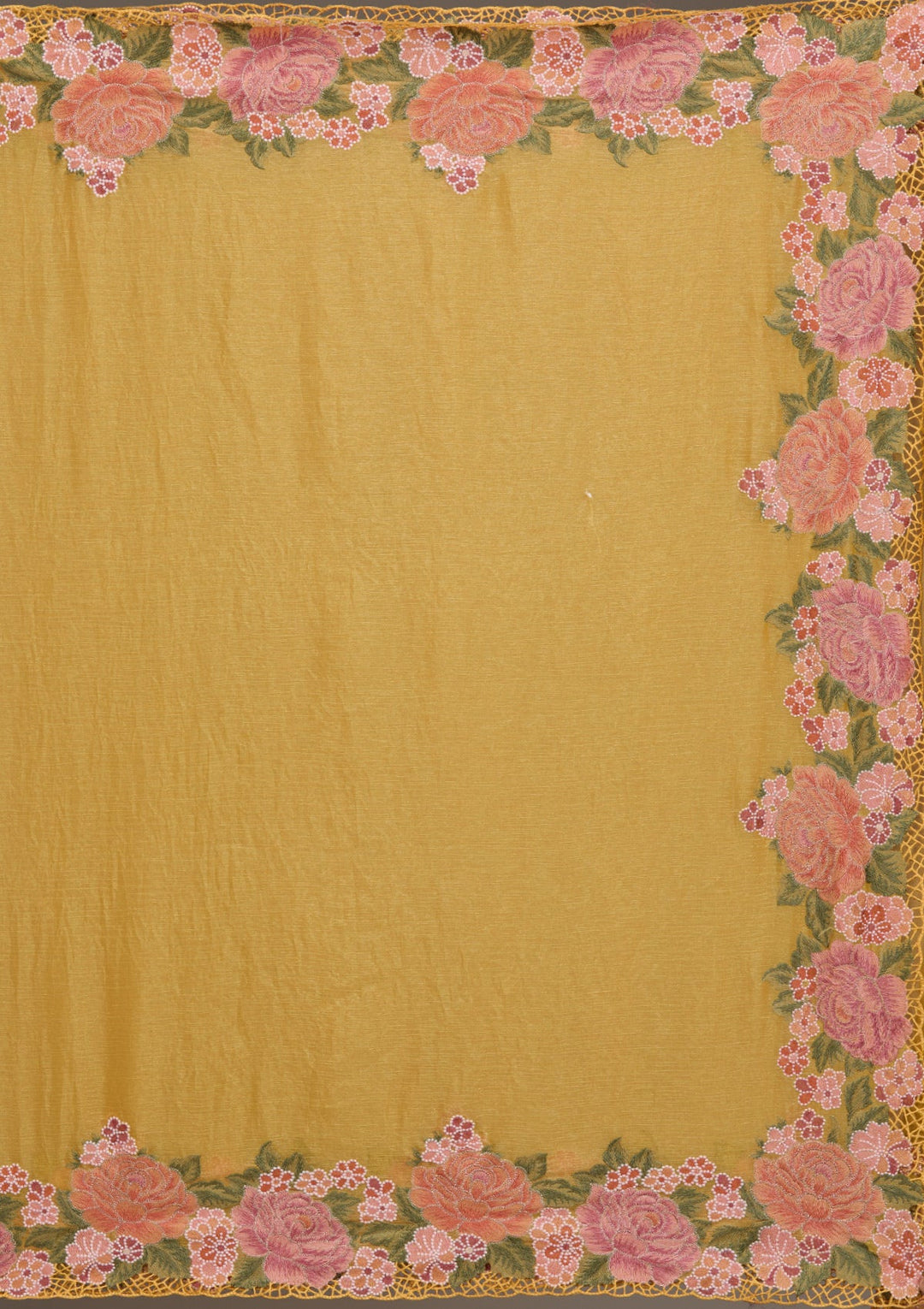 Mustard Threadwork Tissue Saree-Koskii