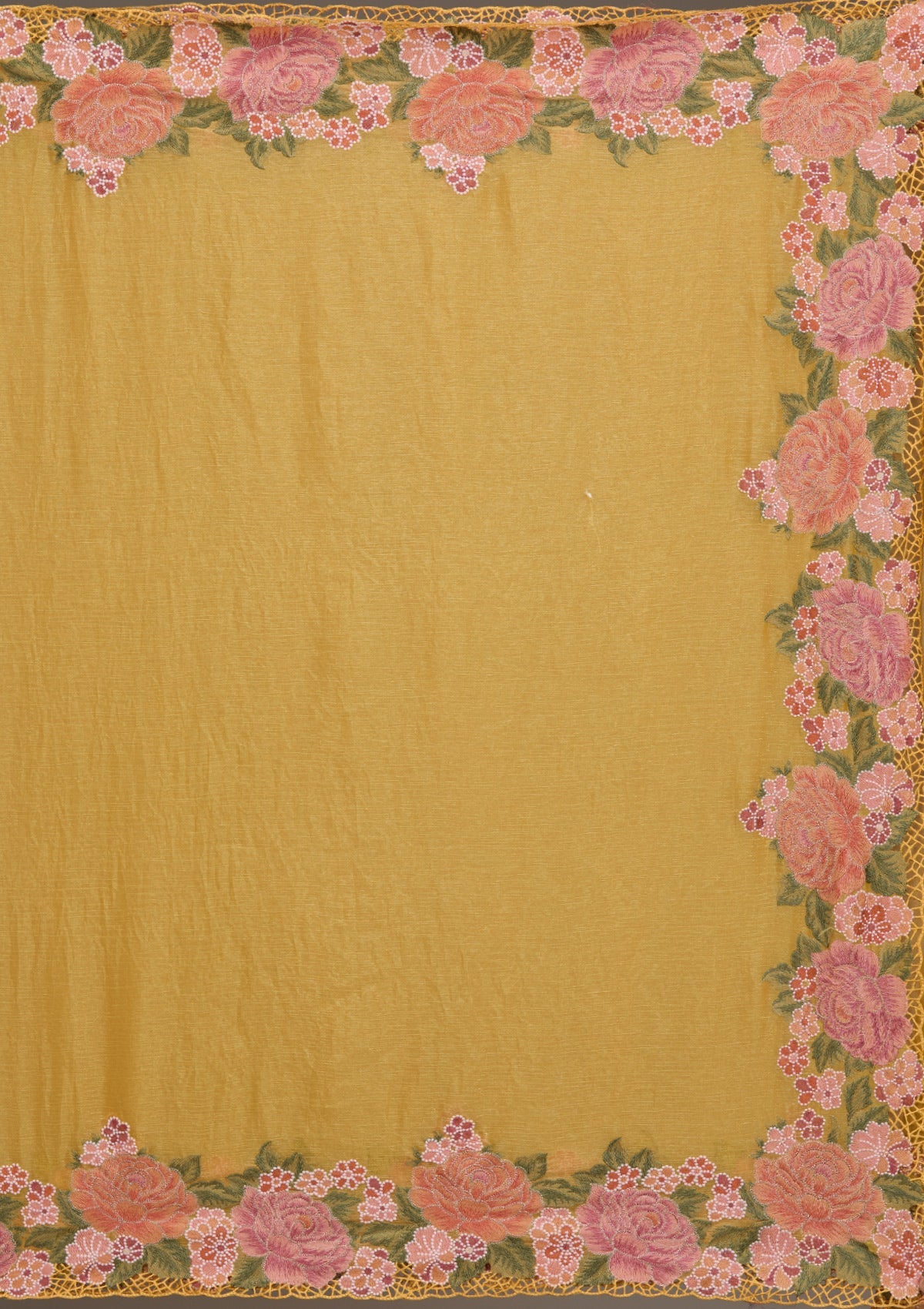 Mustard Threadwork Tissue Saree-Koskii