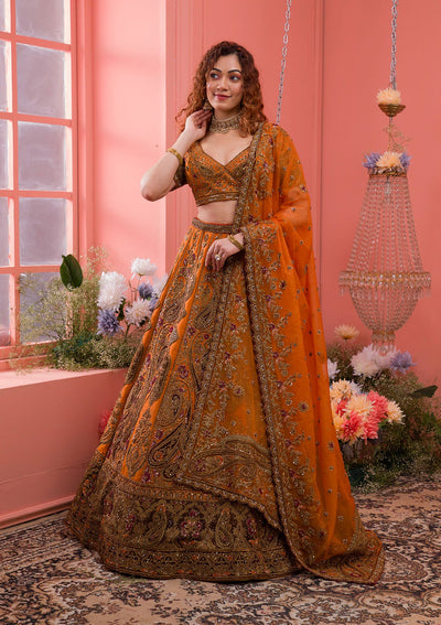 Mustard Zardosi Raw Silk Readymade Lehenga-Koskii