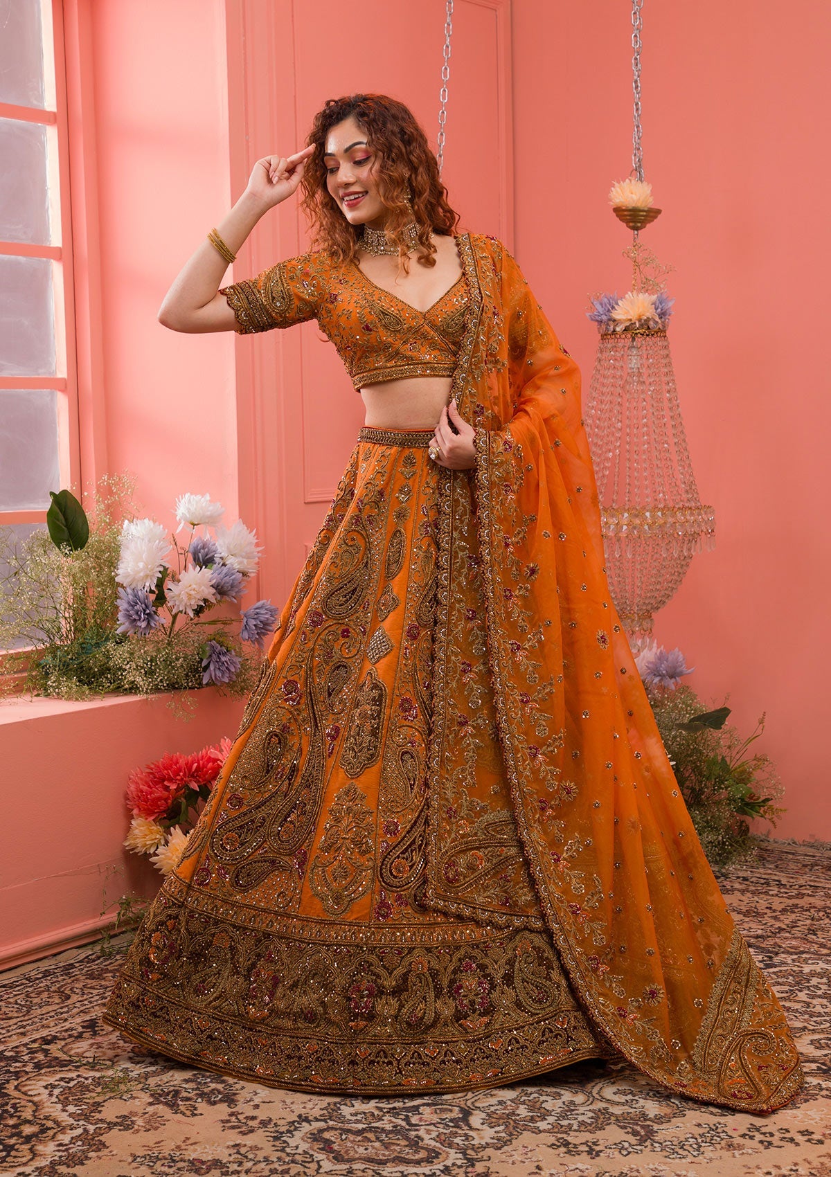 Mustard Zardosi Raw Silk Readymade Lehenga-Koskii