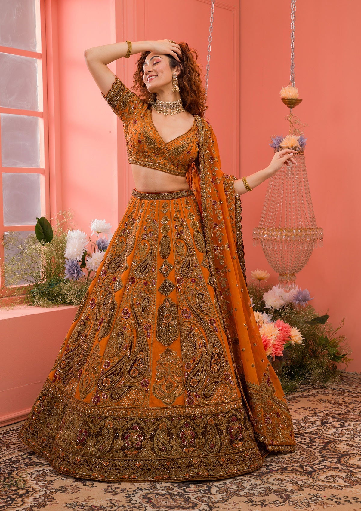 Mustard Zardosi Raw Silk Readymade Lehenga-Koskii