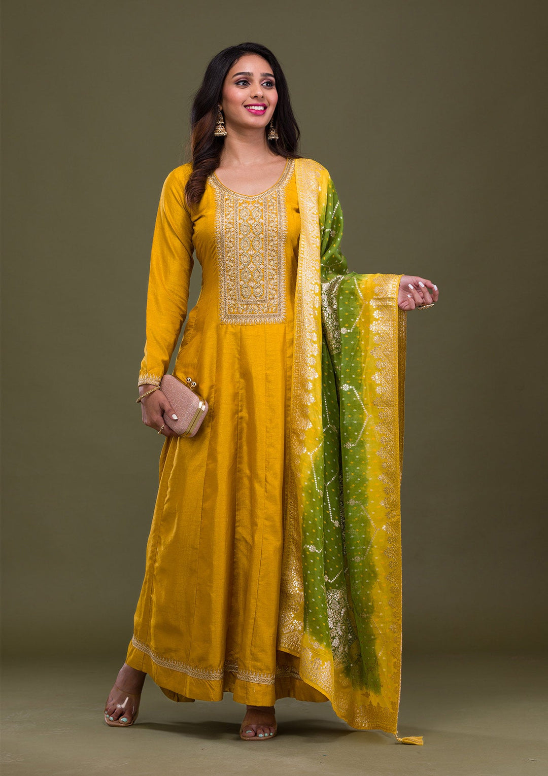 Mustard Zariwork Art Silk Readymade Sharara Kameez