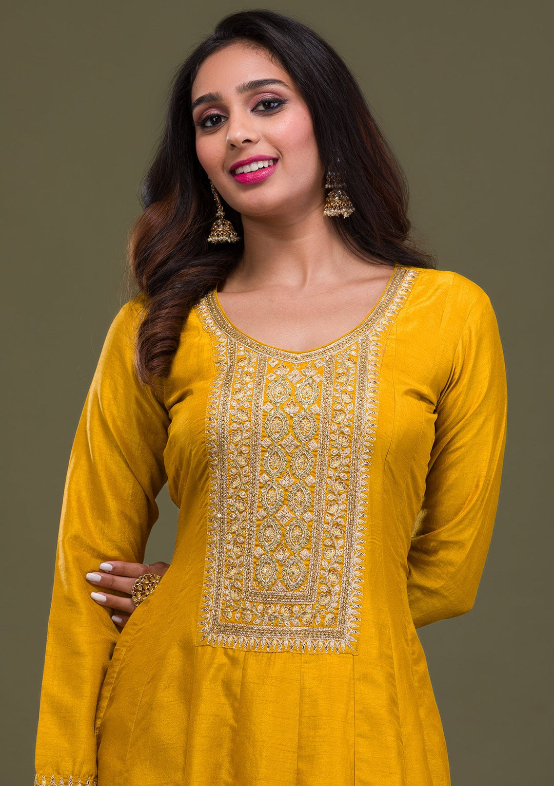 Mustard Zariwork Art Silk Readymade Sharara Kameez