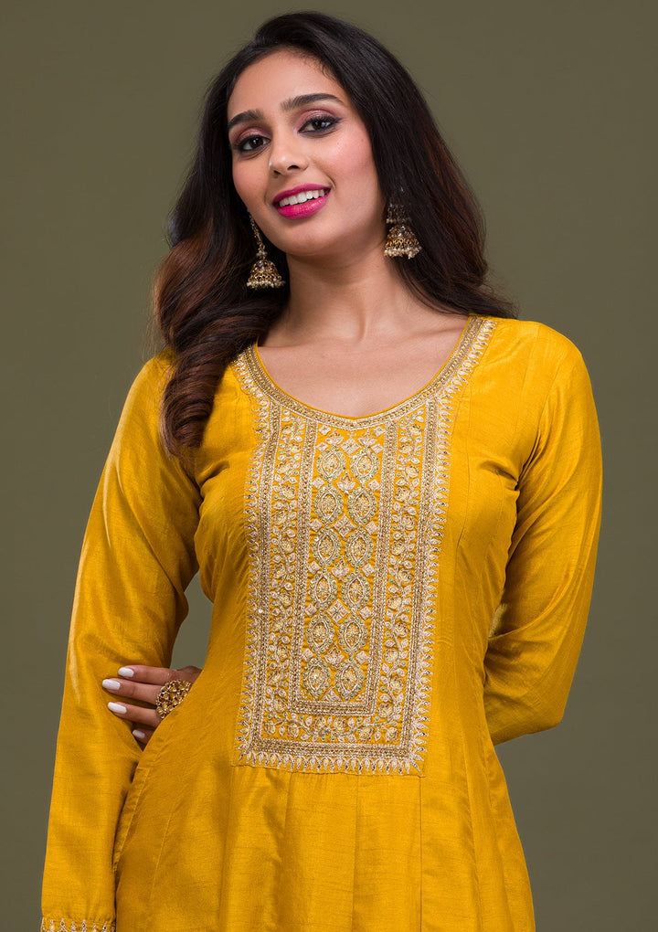 Mustard Zariwork Art Silk Readymade Sharara Kameez