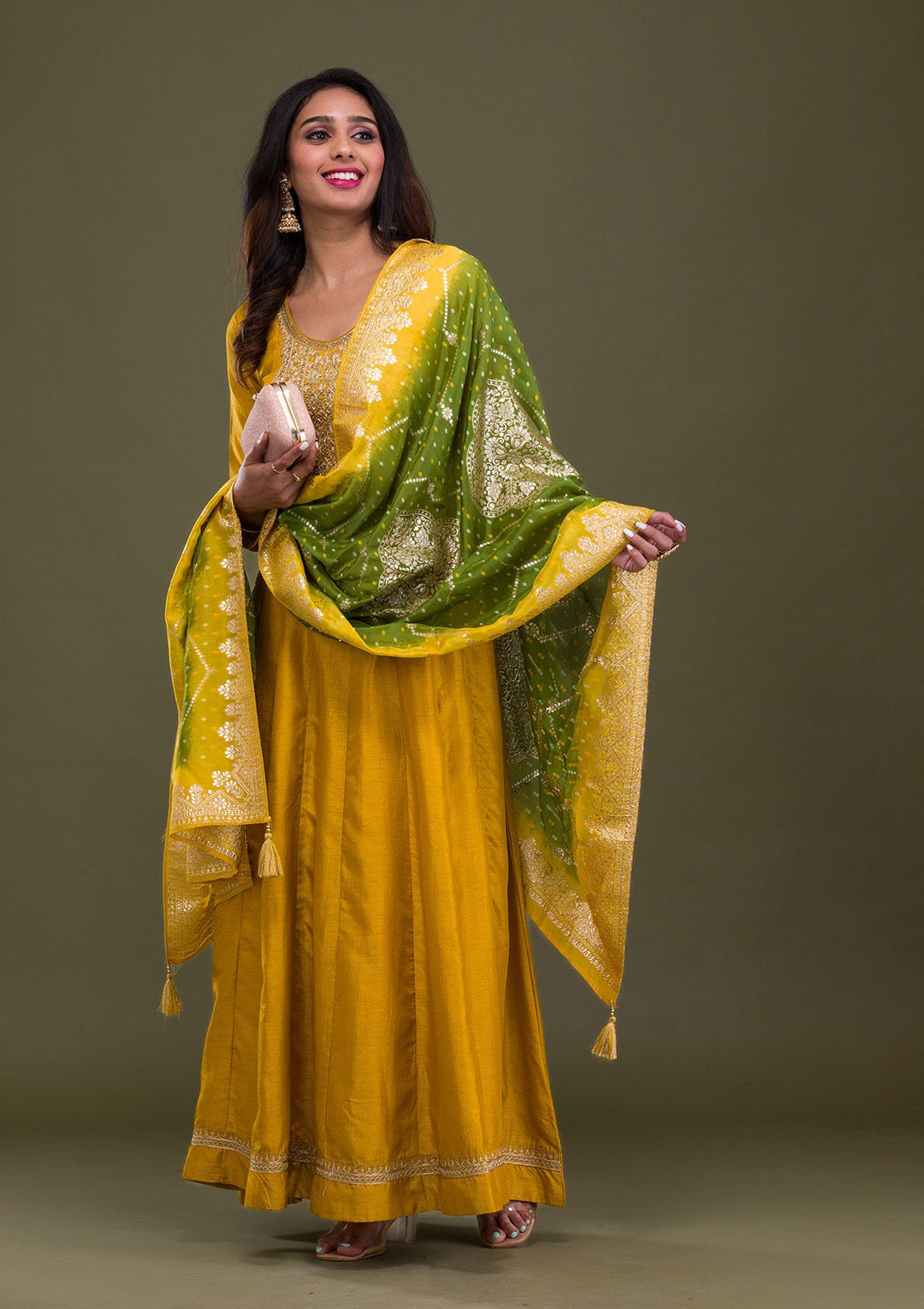 Mustard Zariwork Art Silk Readymade Sharara Kameez