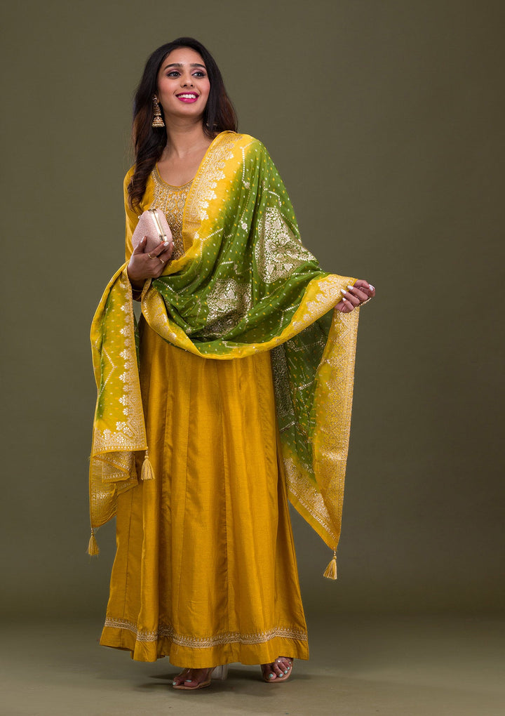 Mustard Zariwork Art Silk Readymade Sharara Kameez