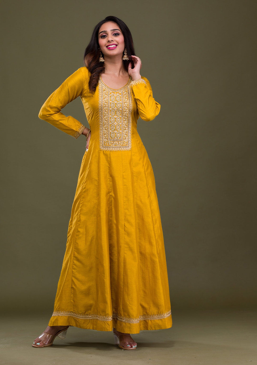 Mustard Zariwork Art Silk Readymade Sharara Kameez
