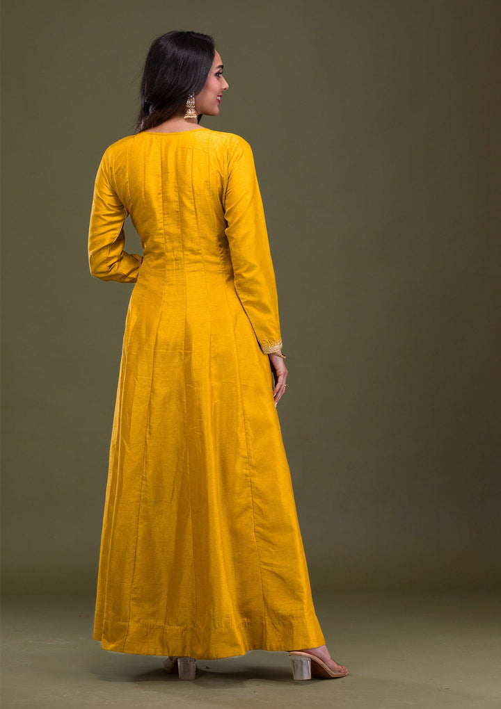 Mustard Zariwork Art Silk Readymade Sharara Kameez