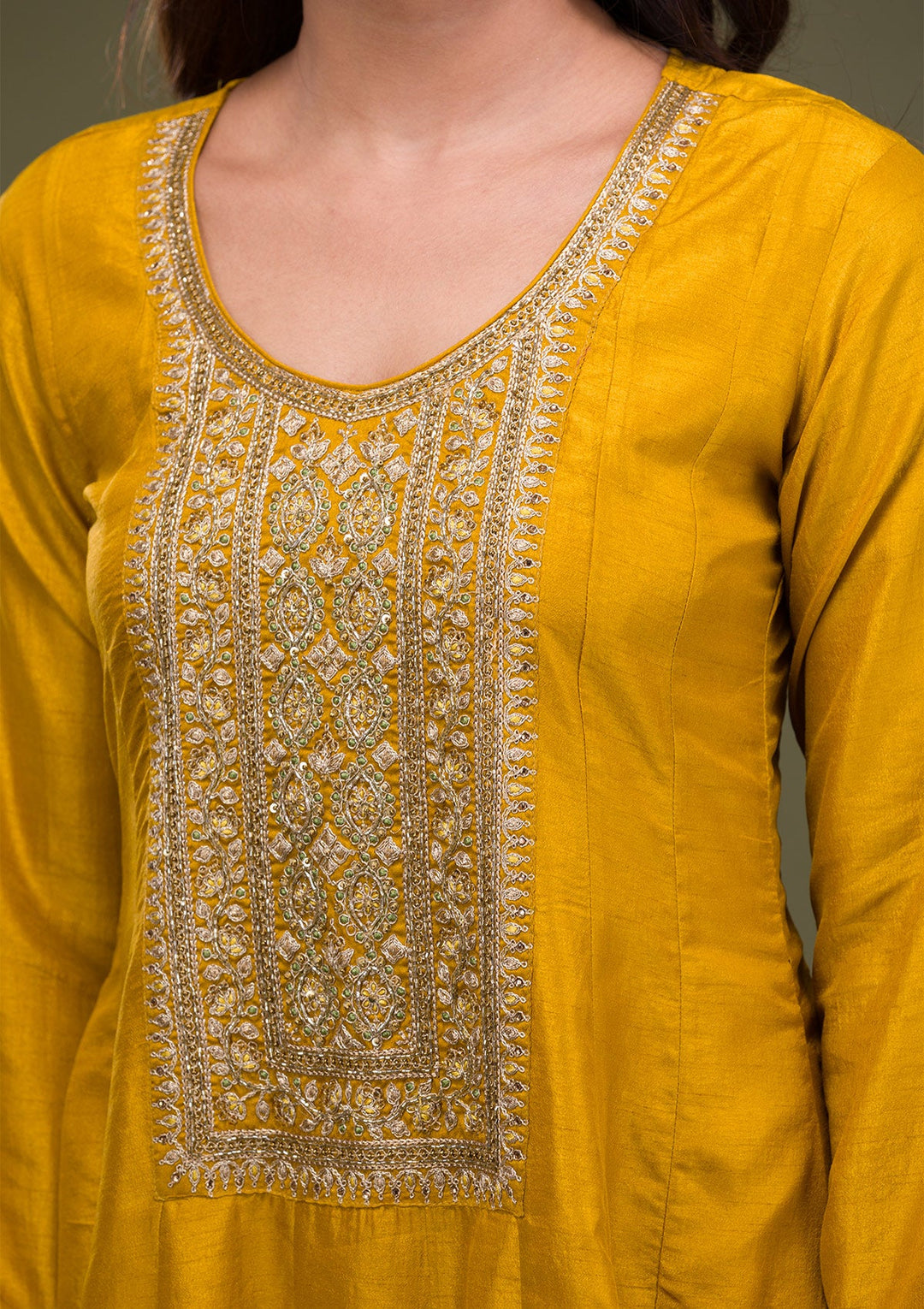 Mustard Zariwork Art Silk Readymade Sharara Kameez