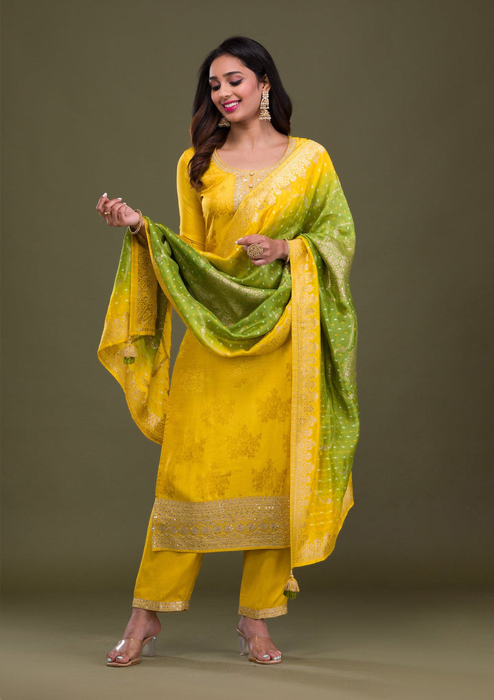 Mustard Zariwork Art Silk Readymade Sharara Kameez