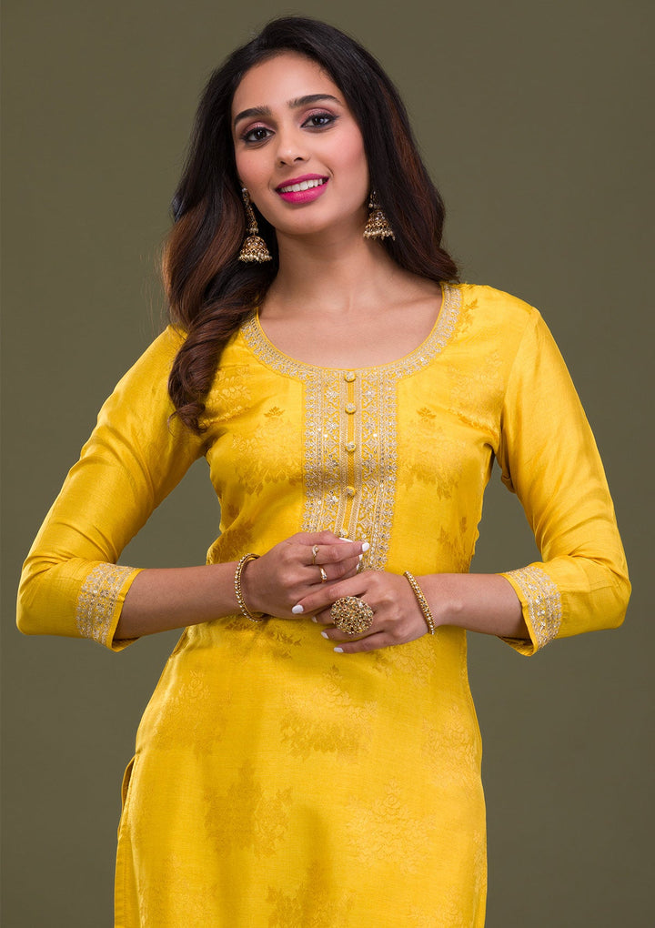 Mustard Zariwork Art Silk Readymade Sharara Kameez