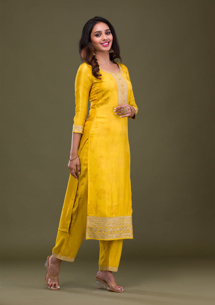 Mustard Zariwork Art Silk Readymade Sharara Kameez