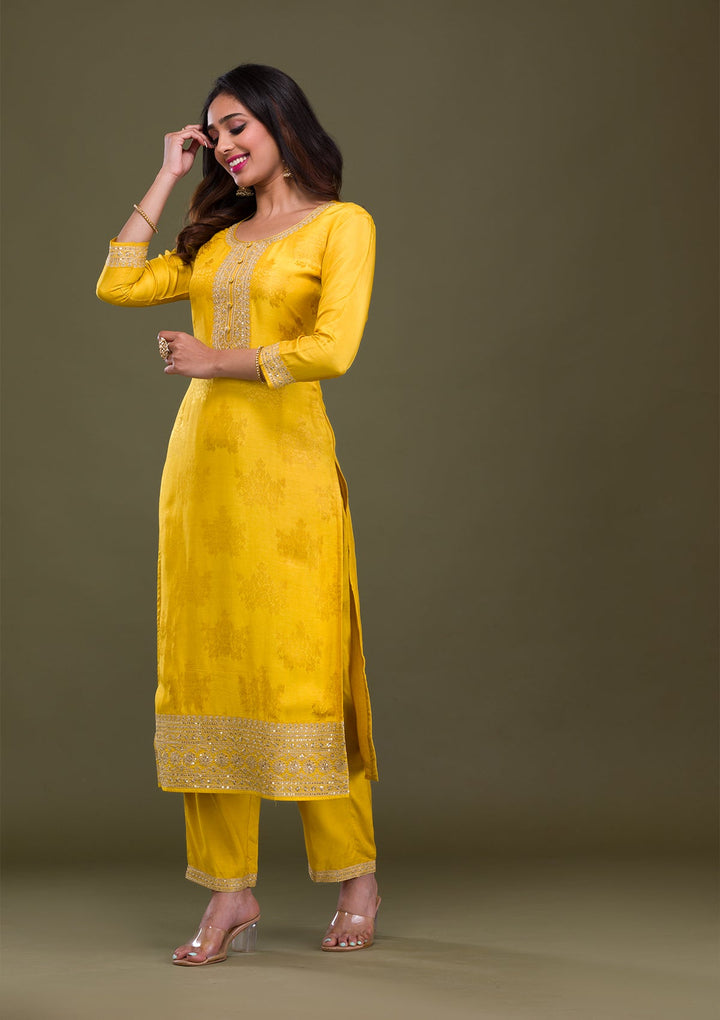 Mustard Zariwork Art Silk Readymade Sharara Kameez