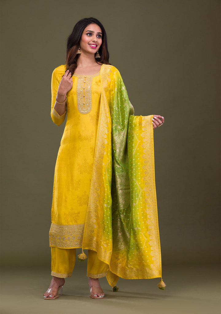 Mustard Zariwork Art Silk Readymade Sharara Kameez