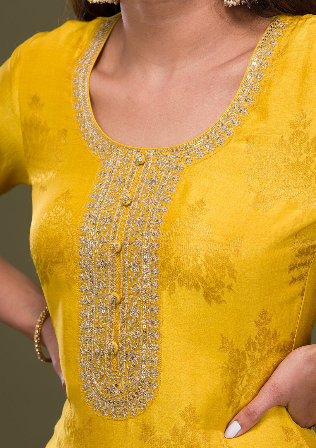 Mustard Zariwork Art Silk Readymade Sharara Kameez