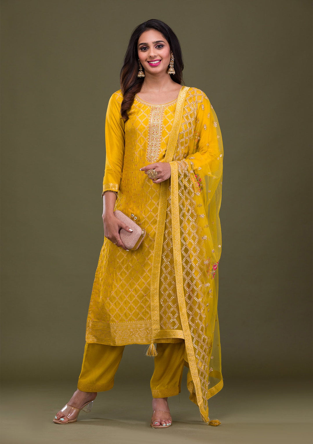 Mustard Zariwork Art Silk Readymade Sharara Kameez