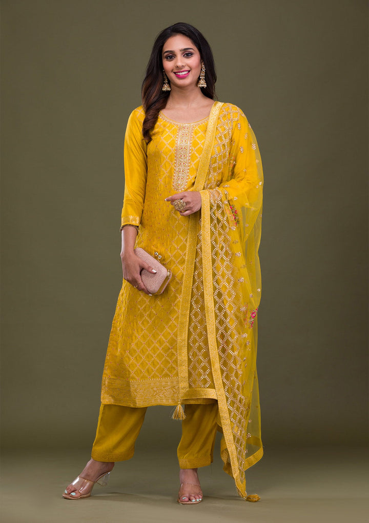 Mustard Zariwork Art Silk Readymade Sharara Kameez