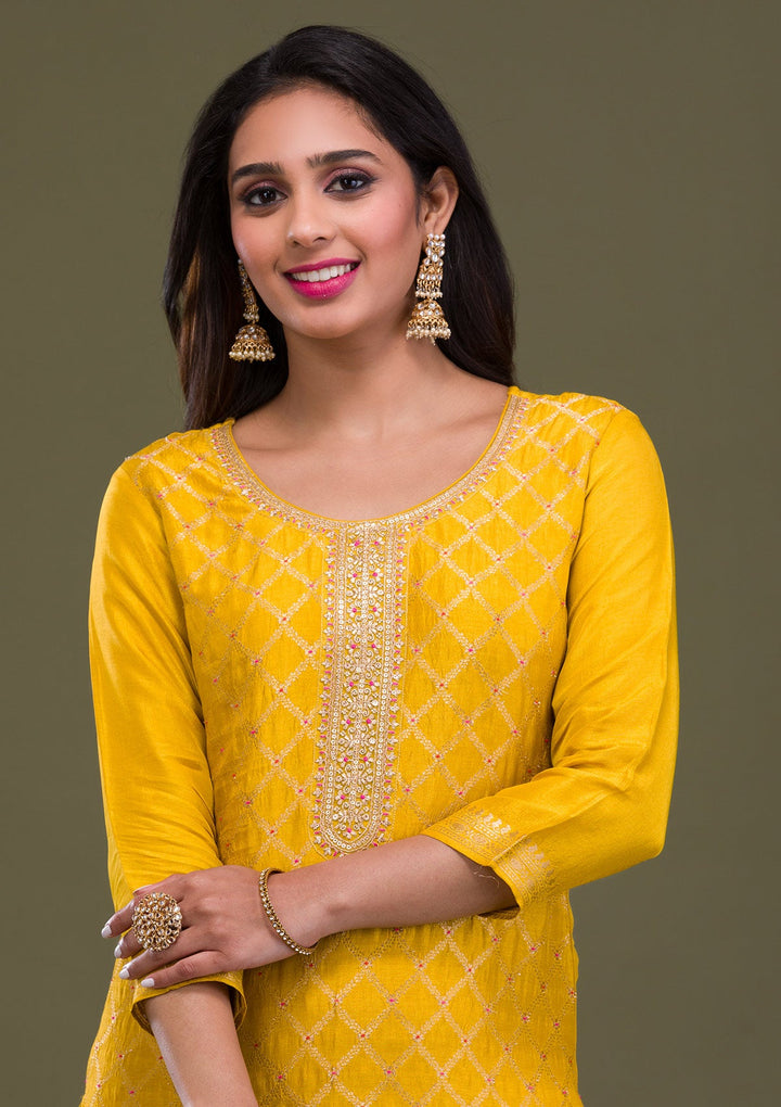 Mustard Zariwork Art Silk Readymade Sharara Kameez