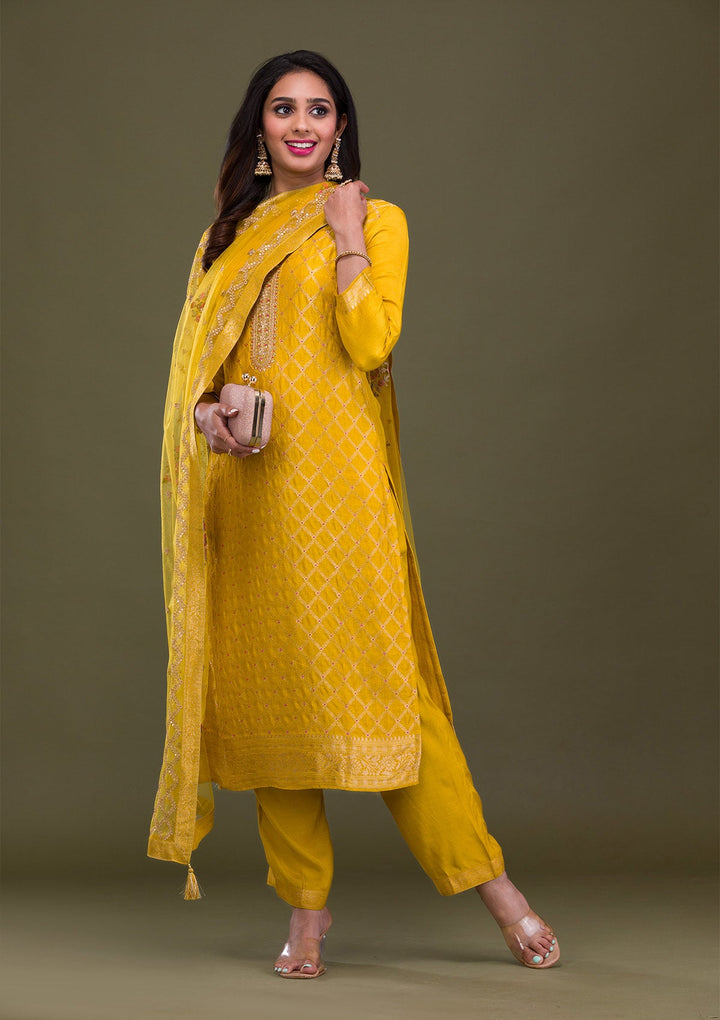 Mustard Zariwork Art Silk Readymade Sharara Kameez