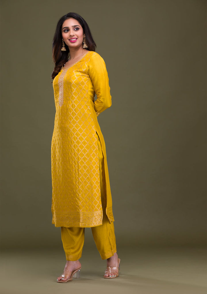 Mustard Zariwork Art Silk Readymade Sharara Kameez