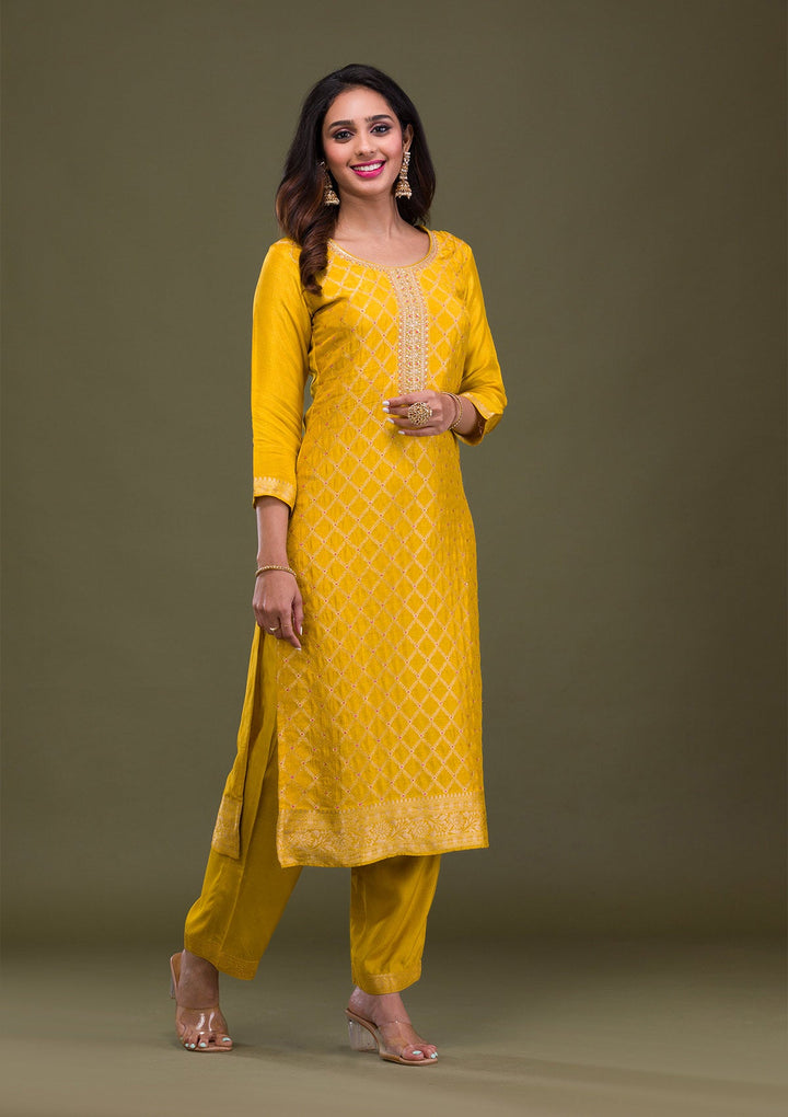 Mustard Zariwork Art Silk Readymade Sharara Kameez