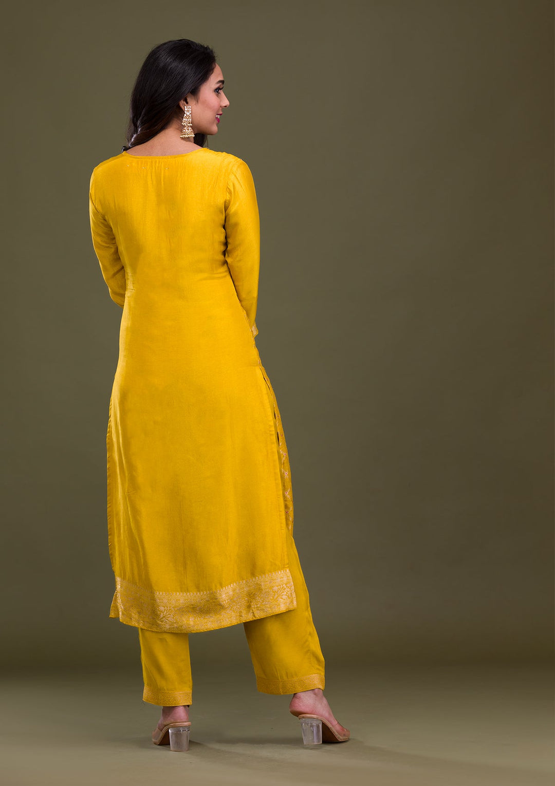 Mustard Zariwork Art Silk Readymade Sharara Kameez