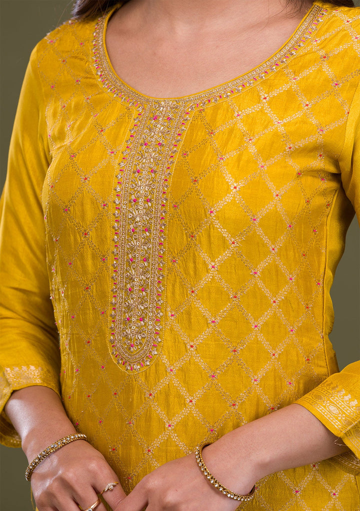 Mustard Zariwork Art Silk Readymade Sharara Kameez