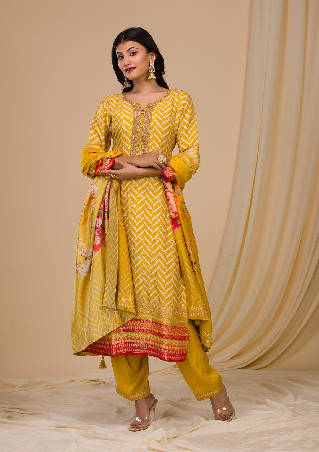 Mustard Zariwork Art Silk Readymade Sharara Kameez