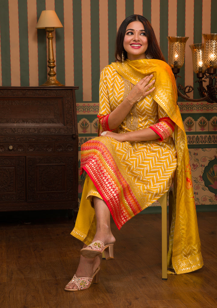 Mustard Zariwork Art Silk Readymade Sharara Kameez