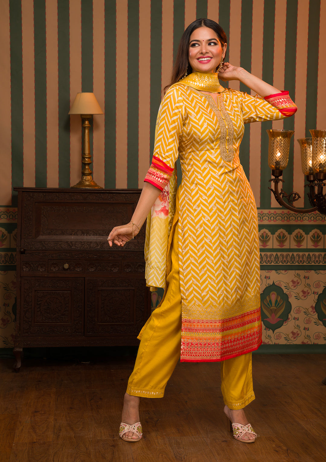 Mustard Zariwork Art Silk Readymade Sharara Kameez