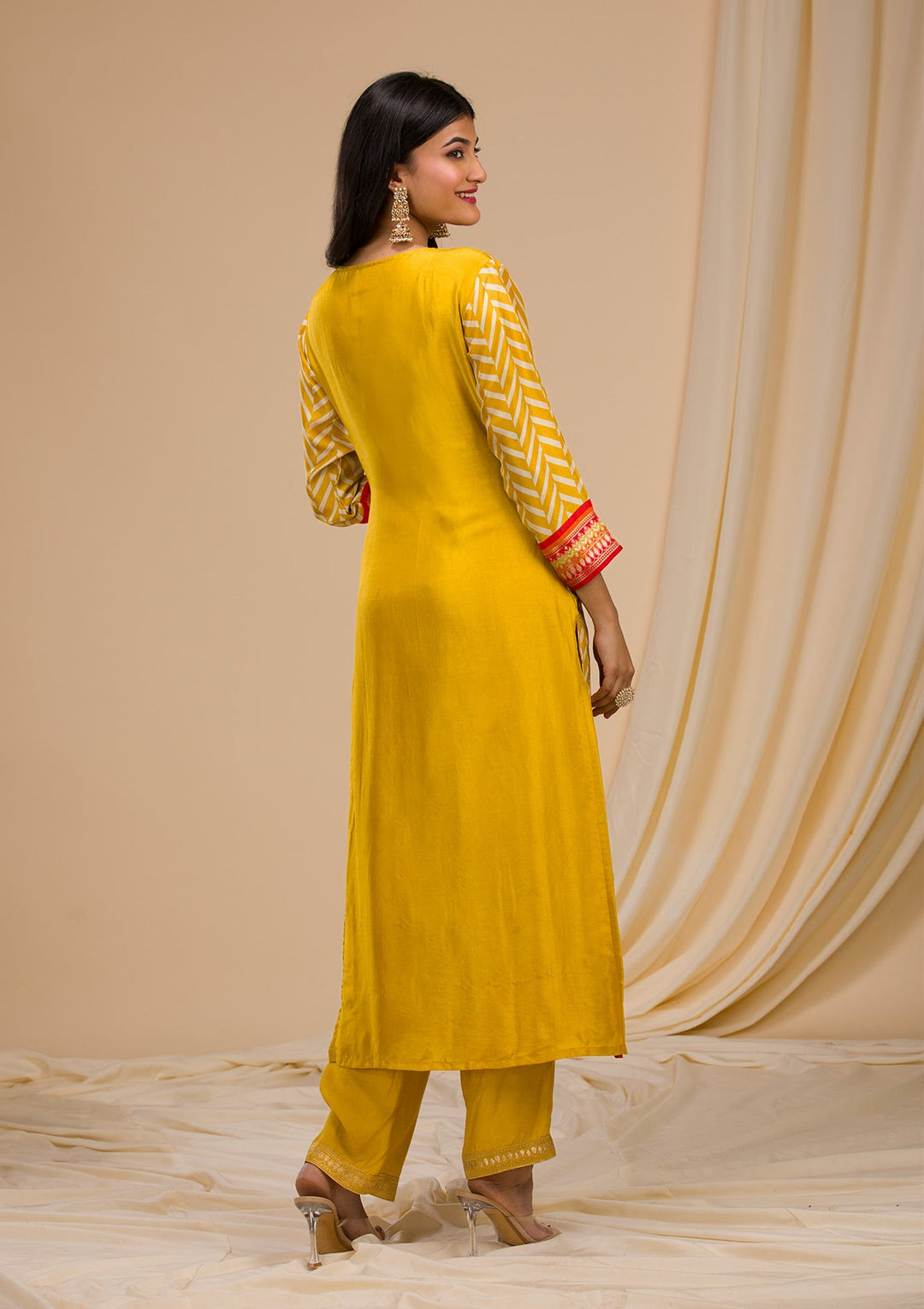 Mustard Zariwork Art Silk Readymade Sharara Kameez