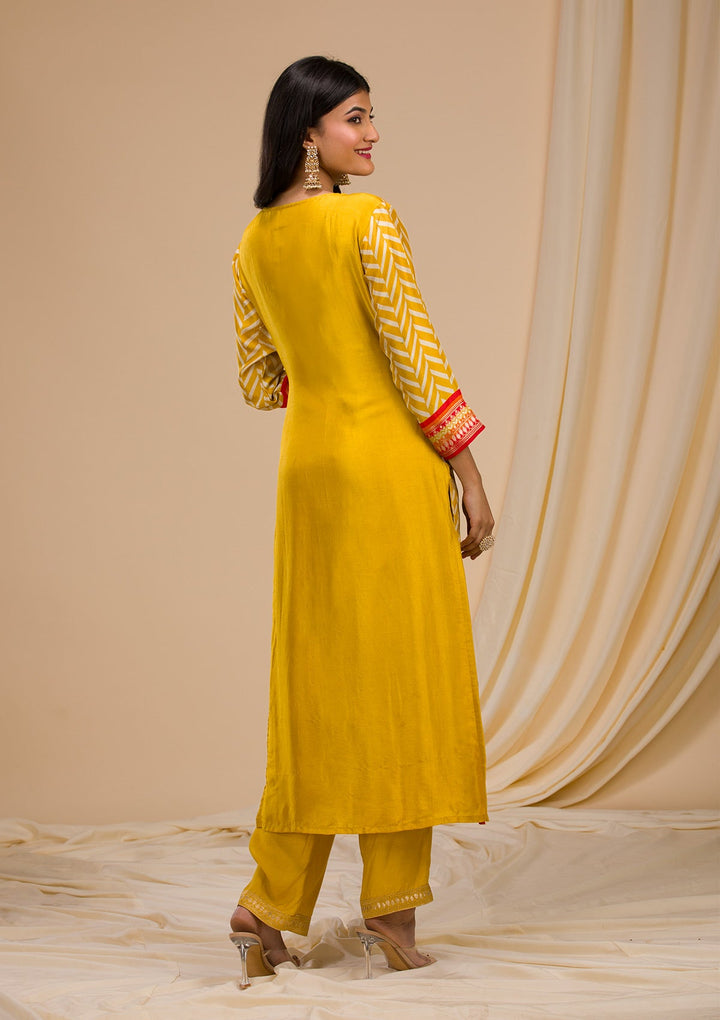 Mustard Zariwork Art Silk Readymade Sharara Kameez