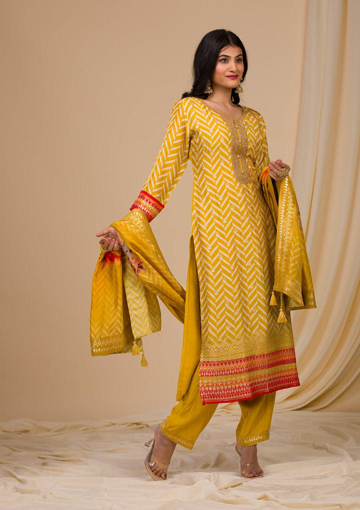 Mustard Zariwork Art Silk Readymade Sharara Kameez