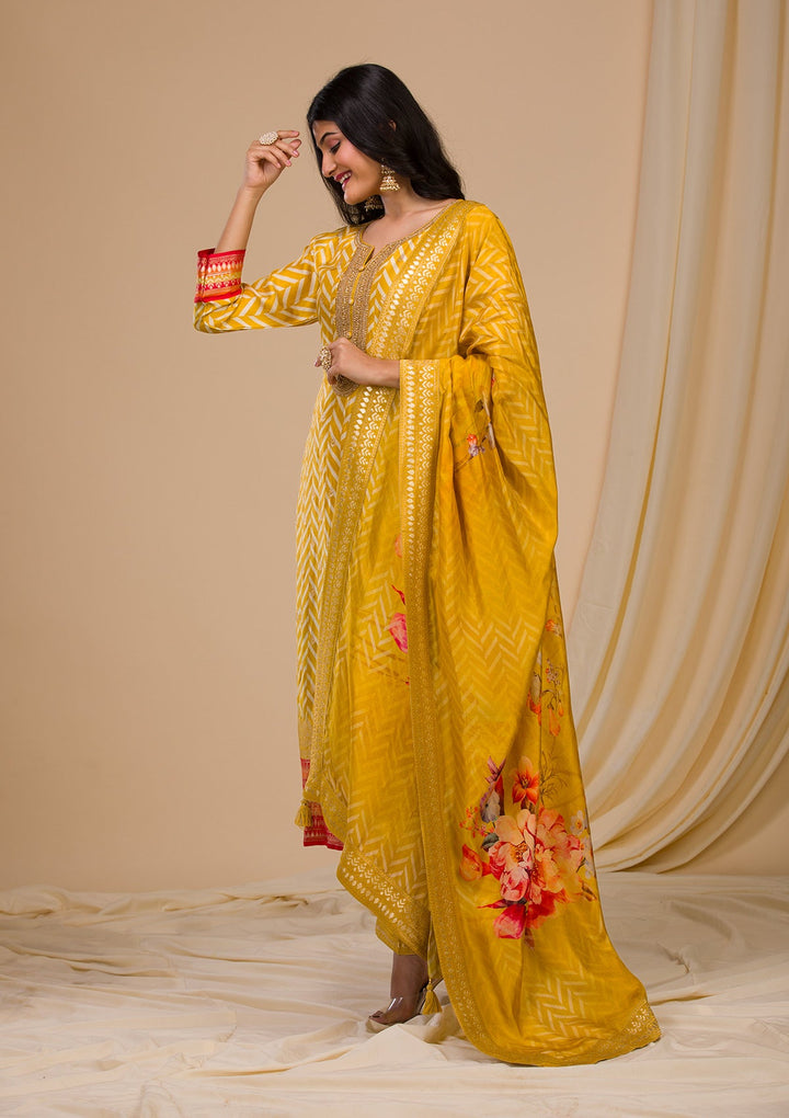 Mustard Zariwork Art Silk Readymade Sharara Kameez