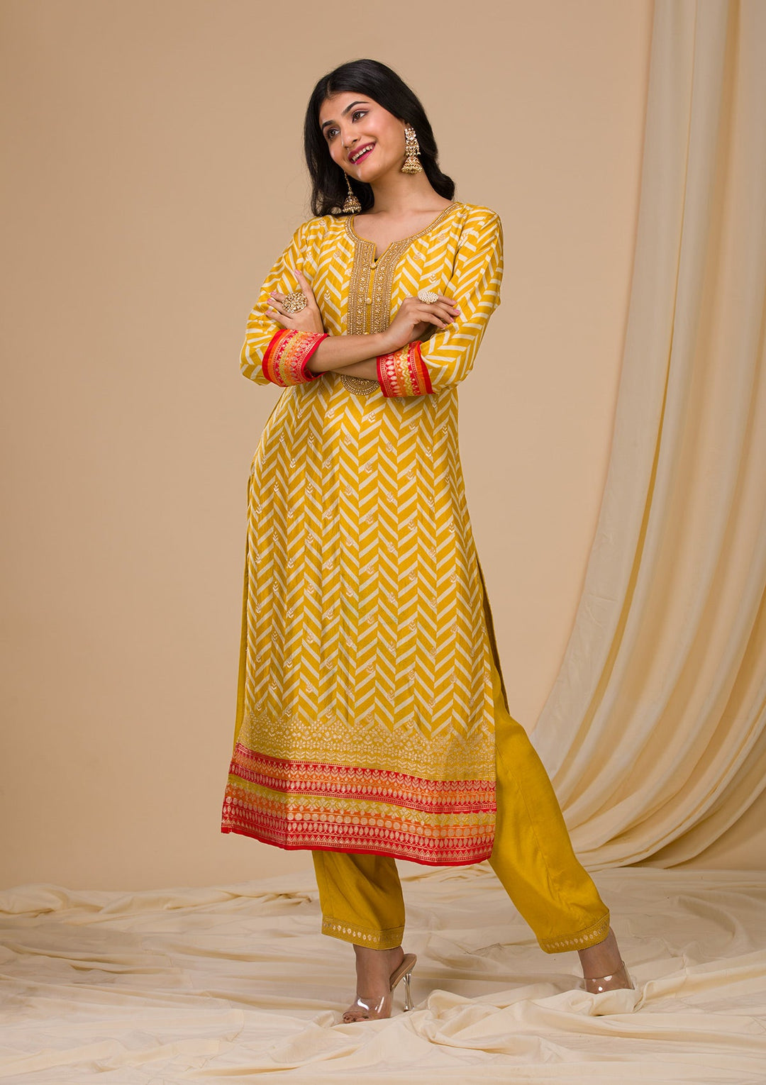 Mustard Zariwork Art Silk Readymade Sharara Kameez