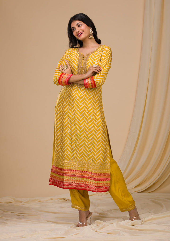 Mustard Zariwork Art Silk Readymade Sharara Kameez