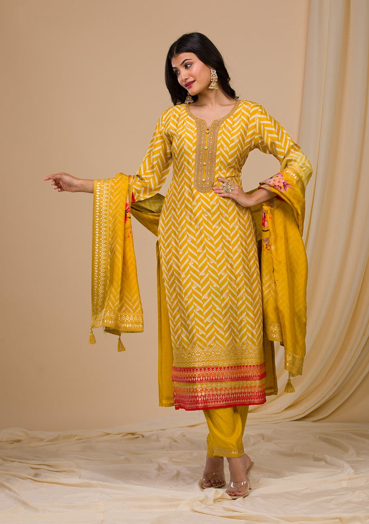 Mustard Zariwork Art Silk Readymade Sharara Kameez