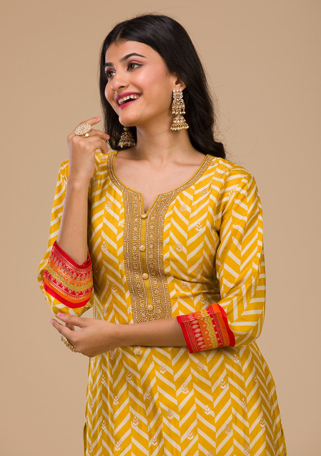 Mustard Zariwork Art Silk Readymade Sharara Kameez