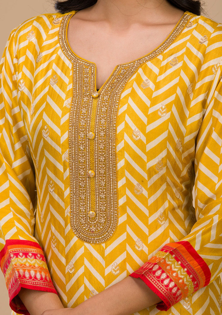 Mustard Zariwork Art Silk Readymade Sharara Kameez