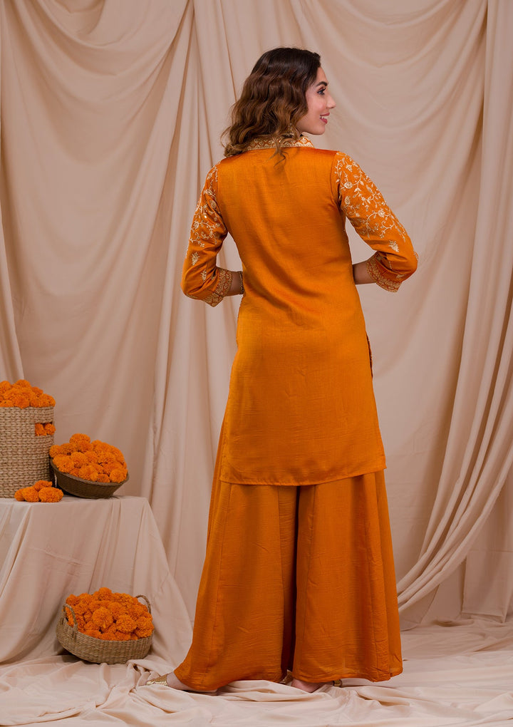 Mustard Zariwork Art Silk Readymade Salwar Suit-Koskii