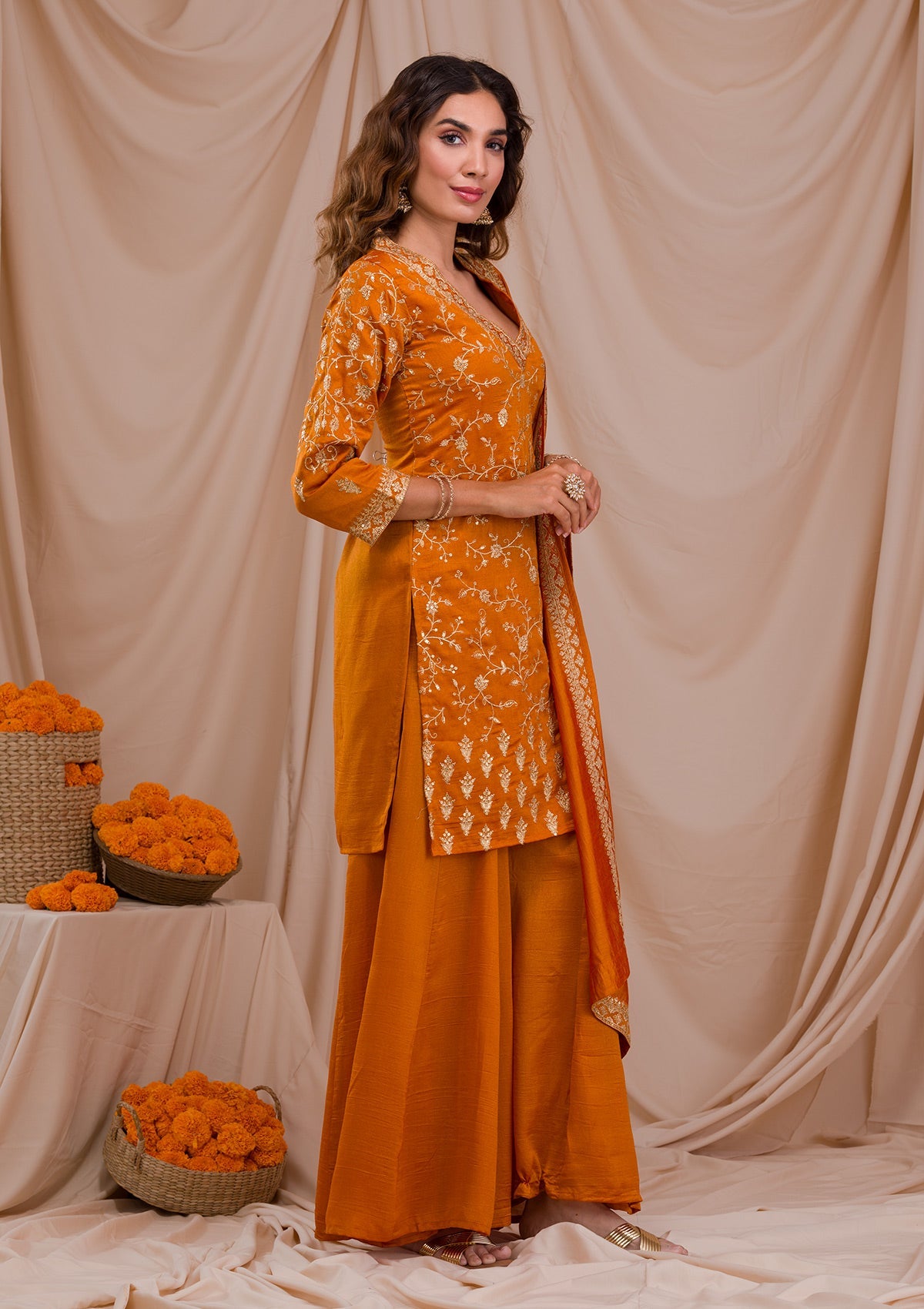 Mustard Zariwork Art Silk Readymade Salwar Suit-Koskii