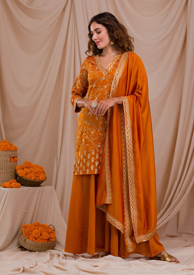 Mustard Zariwork Art Silk Readymade Salwar Suit-Koskii